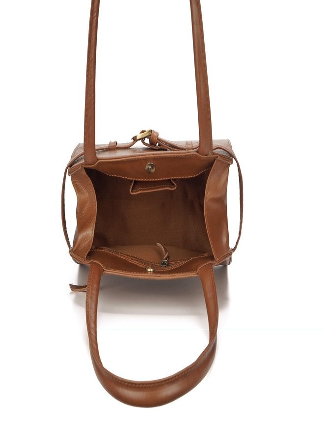 RINEZZA Genuine Leather Satchel Handbag for Women,Gold-Tone Buckle, Tan - Image 5